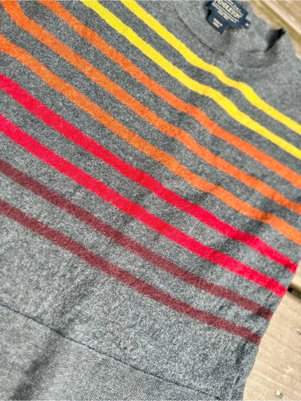 Pendleton Gray Crewneck Sweater with Yellow, Orange and Pink Stripes